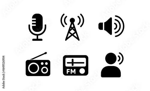 Audio and broadcast icons set: microphone, antenna, speaker, radio, fm dial, user