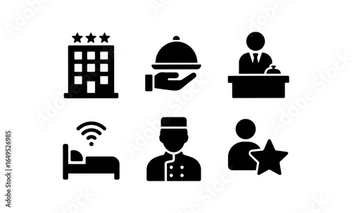 Hotel service icons set featuring concierge, dining, and accommodation in silhouette style