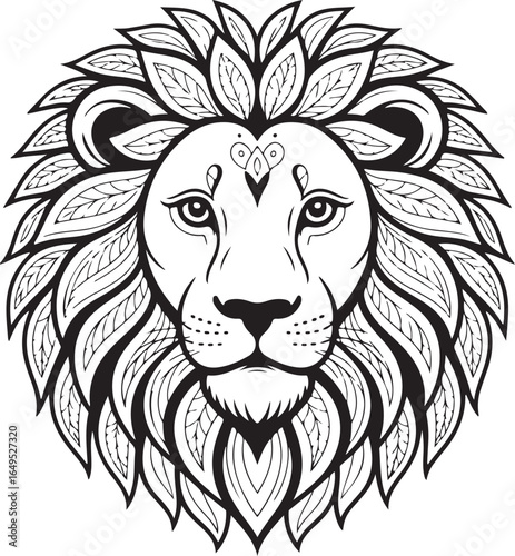 Detailed black and white ornamental lion head facing forward on a white background decorative