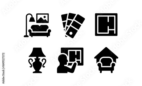Interior design icons: home decor elements in silhouette