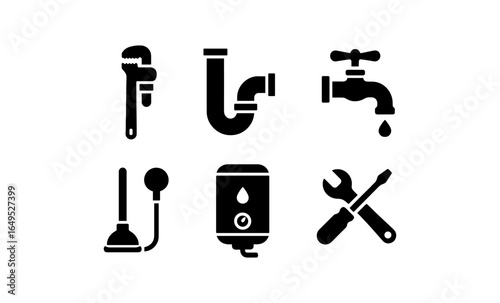 Plumbing tools and fixtures silhouette icons collection