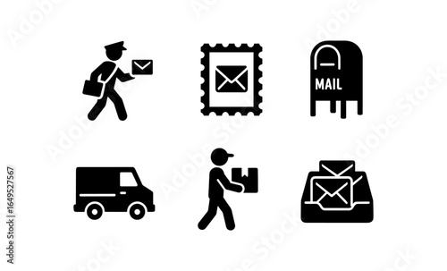 Postal and delivery icons set: mailbox, courier, van, envelope stamp in black silhouette