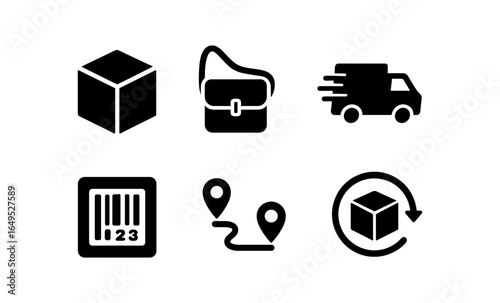 Minimalist icons for delivery and logistics: box, bag, truck, barcode, map, rotation