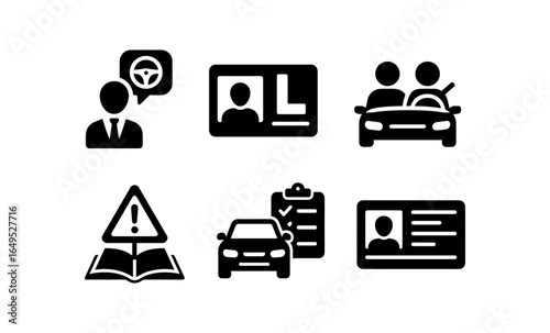 Driving training icons set: license, instruction, safety, and test symbols in black silhouette style