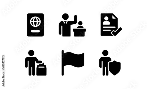 Silhouette icons of passport control and security procedures