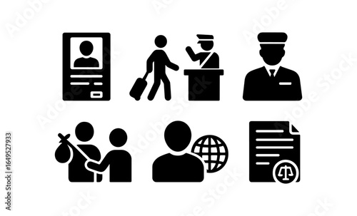 Airport and travel icons: passport, customs, luggage, pilots, security, immigration