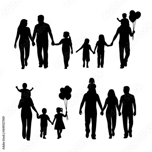 Family silhouettes walking together holding hands, representing unity, love