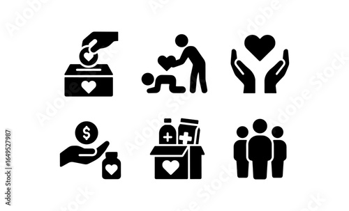 Charity icons set: donation, helping hand, community support symbols in silhouette style