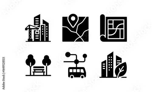 Urban development silhouettes featuring construction, mapping, and green spaces