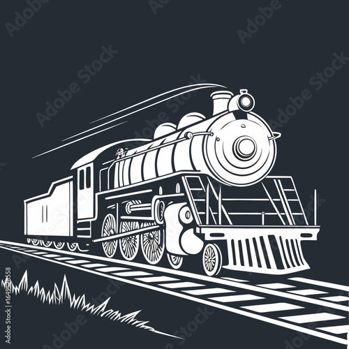 Train illustration on railroad tracks , vintage style.