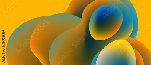 Abstract shapes blend, creating vibrant gradients. Warm yellows contrast cool blues, forming fluid composition. Smooth textures dominate design.