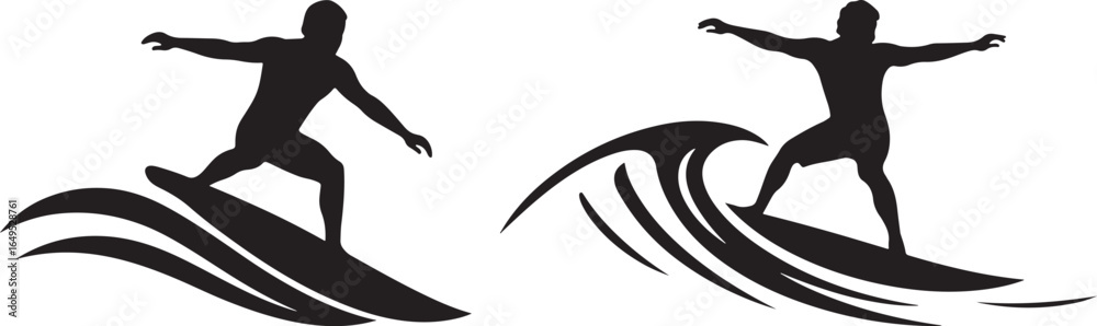 Two surfers riding waves silhouette Two surfers riding waves silhouette