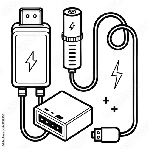 Line art illustration of a charging cable and power bank