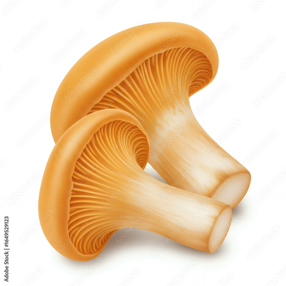 Fototapeta premium Two fresh chanterelle mushrooms displaying detailed gill structure and golden caps isolated on white background for food photography