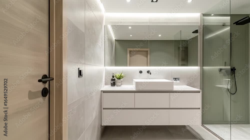 custom made wallpaper toronto digitalBright Modern Bathroom with White Sink Vanity and Shower Area with Gray and Green Accents Featuring Clean Minimalist Design