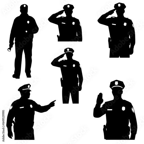 Police officers silhouettes collection showing respect and authority, representing law enforcement, security