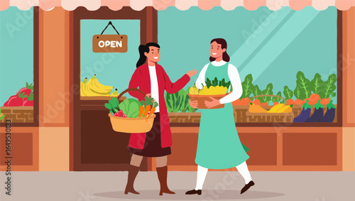 Customer buys fresh produce from friendly shopkeeper at a market stall