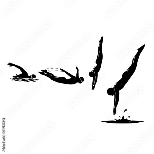 Swimmers diving into water, showing different stages of the dive, representing athleticism