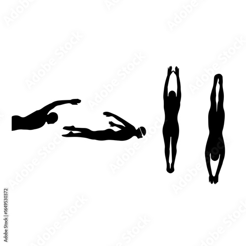 Swimmers silhouettes in various positions showing swimming techniques and training for water sports, fitness, and healthy lifestyle on plain setting