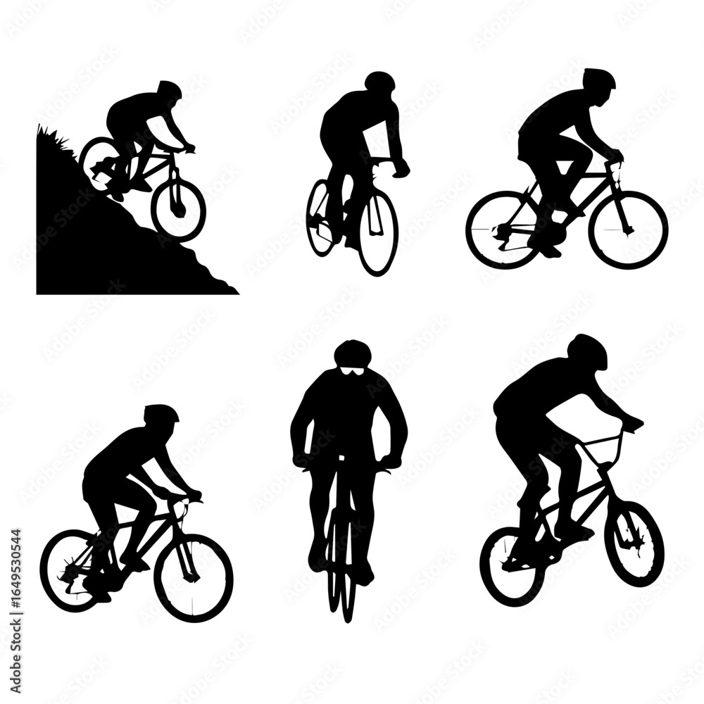 Obraz premium Mountain bikers silhouettes collection riding on downhill slopes and flat terrain for extreme sports and outdoor adventure promotions