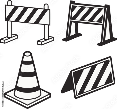 Illustration showing four road construction safety elements including barriers and a traffic cone design
