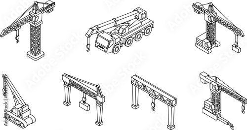 Crane icons set. Isometric set of crane vector icons for web design isolated on white background
