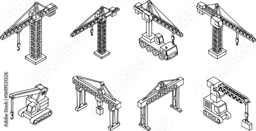 Crane icons set. Isometric set of crane vector icons for web design isolated on white background
