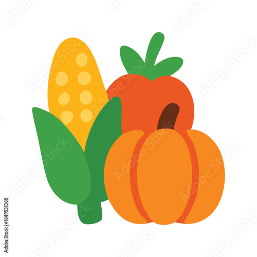 Corn cob, tomato, and pumpkin harvest items perfect for seasonal content, fall recipes, and autumnthemed designs in the food industry.