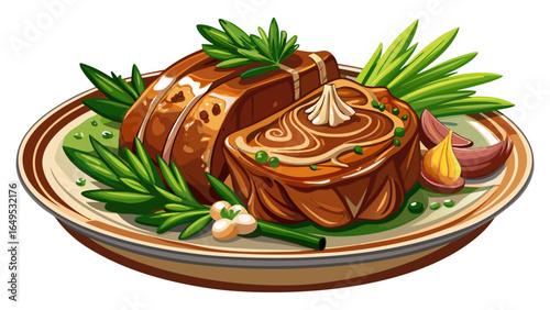 Braised pork shoulder with chives is savory dish featuring tender meat, garnished with fresh herbs. rich flavors and appealing presentation make it delightful meal option white  background