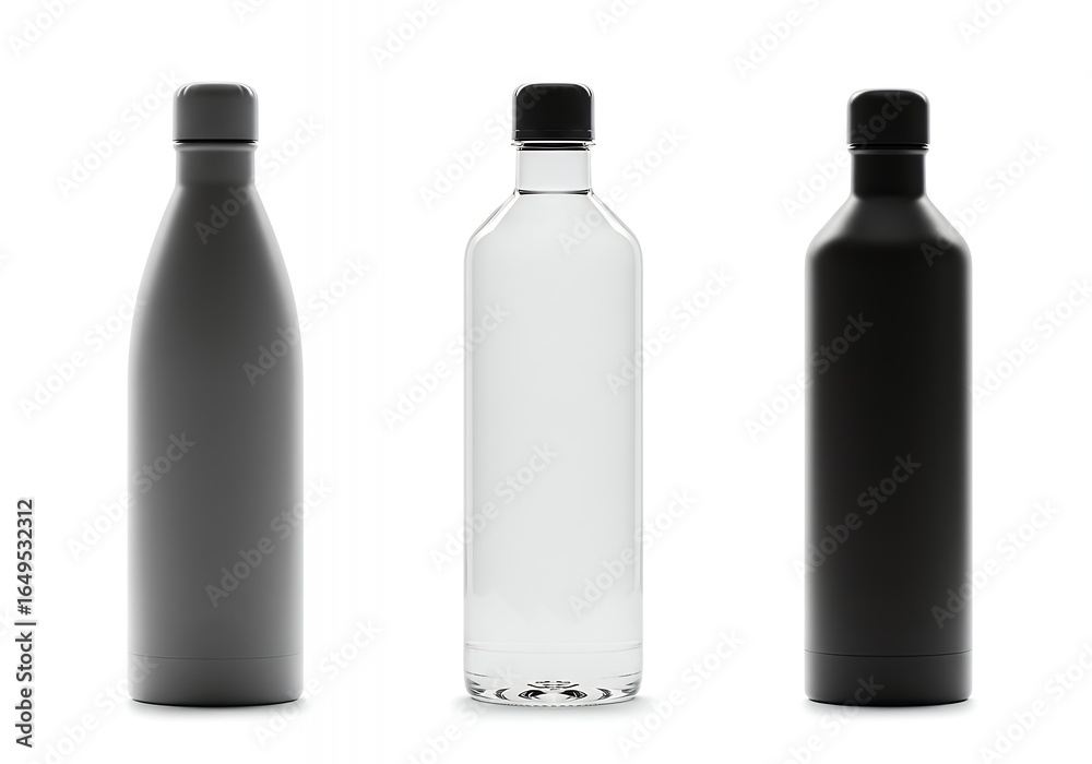 Naklejka premium Minimalist reusable water bottle mockup collection on white background with grey insulated bottles, clear glass, and sports straw lids for branding design