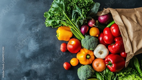 Top view of assorted vegetables in a shopping bag spilling onto a kitchen counter.