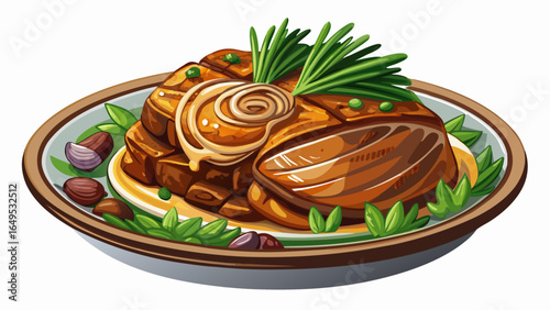 Braised pork shoulder with chives is savory dish featuring tender meat, garnished with fresh herbs. rich flavors and appealing presentation make it delightful meal option white  background