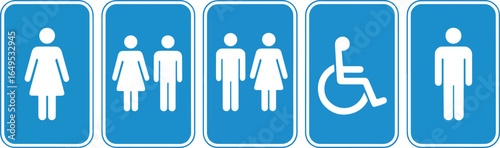 Restroom Signs Collection Gender Neutral Restrooms Disabled Access and Unisex Toilets Icons in Blue and White