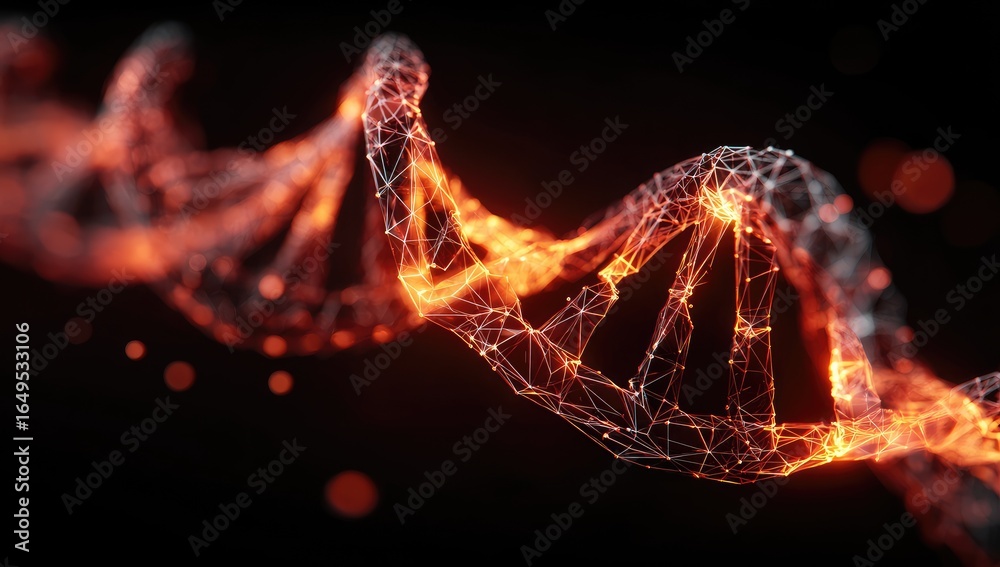 Obraz premium Abstract DNA helix, glowing orange, wireframe