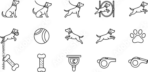 Dog training icons set. Outline set of dog training vector icons for web design isolated on white background
