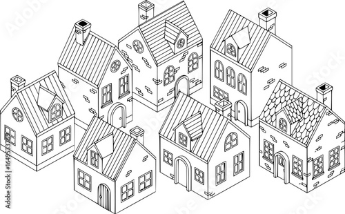 Town house cottage set, isometric 3d style
