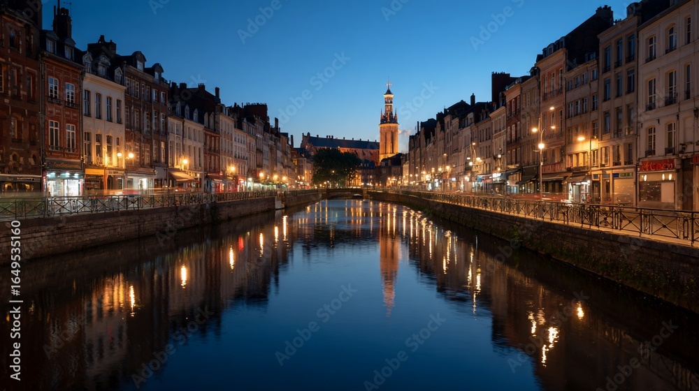 Fototapeta premium Cityscape illuminated along canal at dusk