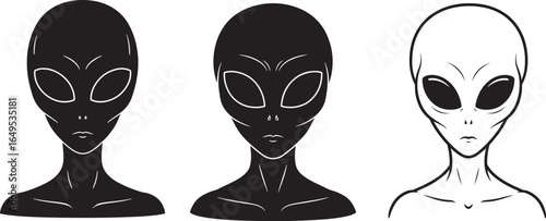 Three alien heads in silhouette and outline style