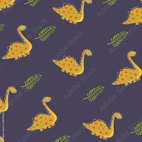 yellow dinosaur brontosaurus seamless pattern vector cartoon design for kids apparel fullprint fabric