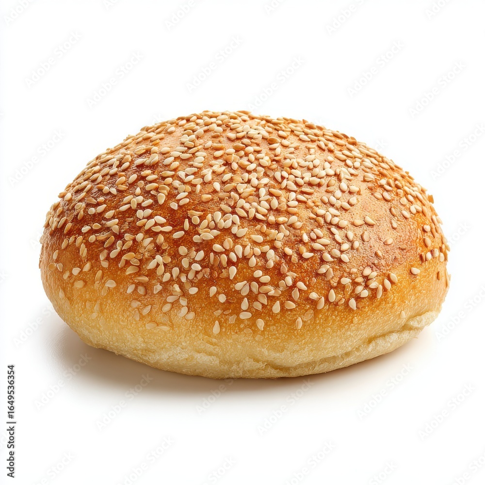 Freshly baked sesame seed bun with a golden crust, isolated on a white background for culinary use Freshly baked sesame seed bun with a golden crust, isolated on a white background for culinary use