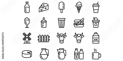 Dairy Farm Icons:  Black and White Line Art Style, Clean Minimalist Design,  Food and Drink Symbols.