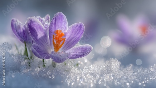 Two vibrant purple crocus flowers emerge from melting snow.  Delicate petals, tinged with violet, showcase an orange center.  Soft-focus bokeh highlights the scene