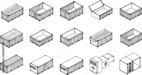 Cargo container icons set. Isometric set of cargo container vector icons for web design isolated on white background
