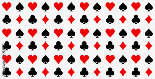 Seamless pattern of playing card suits including hearts, spades, clubs, and diamonds in red and black, representing casino, gambling, poker, and card game concepts.