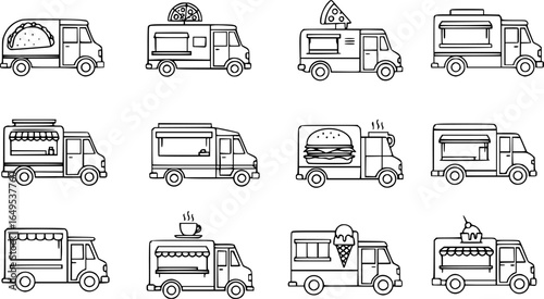 Food truck icons set. Outline set of food truck vector icons for web design isolated on white background
