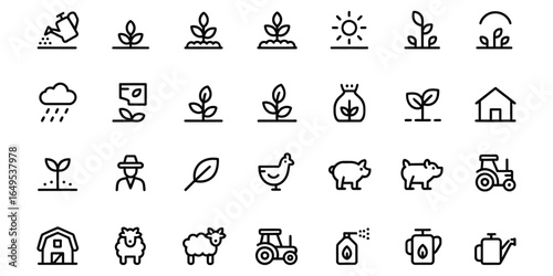 Agriculture Icons: Modern Line Art Style, Farming, Growth, and Sustainability Symbols.