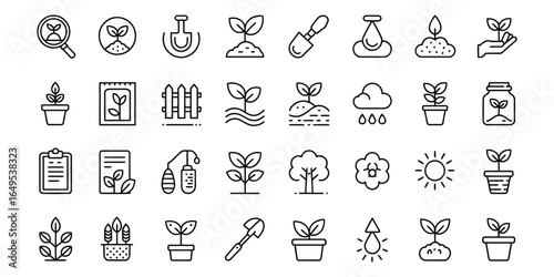 Line Art Icons:  Gardening, Growth, Plants, Sprouting Seeds,  Farming, Agriculture,  Sustainable Development,  Eco-Friendly,  Modern Minimalist Style.