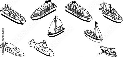 Ship and boat icons set in isometric 3d style. Sailing elements set collection vector illustration
