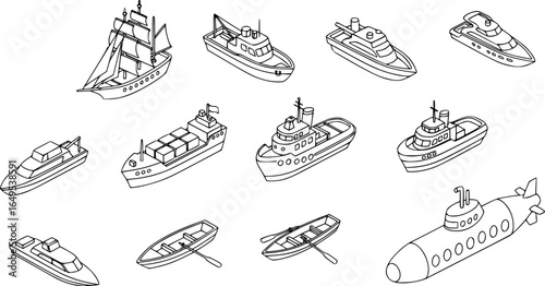 Ship and boat icons set in isometric 3d style. Sailing elements set collection vector illustration
