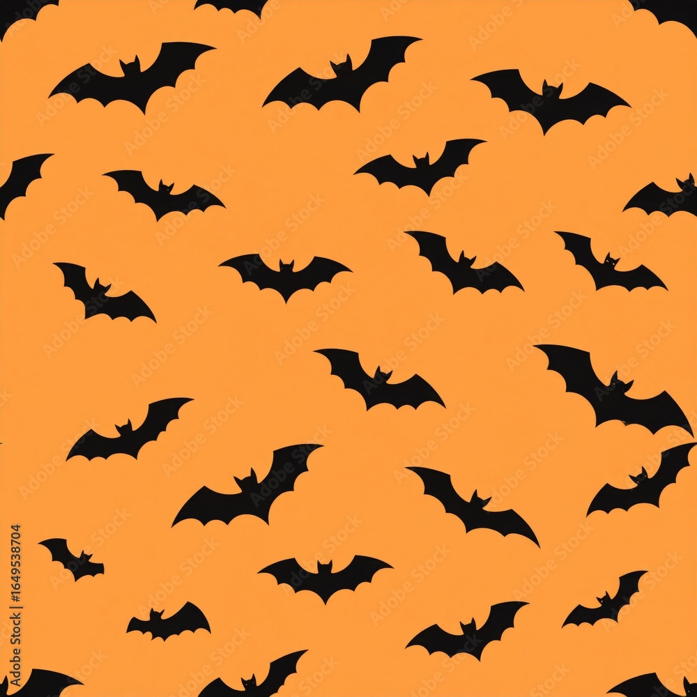 Fototapeta premium Seamless Halloween Pattern with Black Silhouette Bats on Orange Background